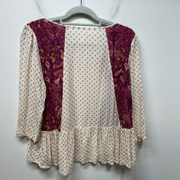 Free People Patchwork Boho Peplum Top M Cream & Purple 100% Rayon - Picture 6 of 8